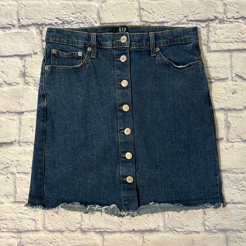 Gap Denim Mini Skirt Button Front Raw Hem Blue Denim Mini Jean Skirt - Size 8